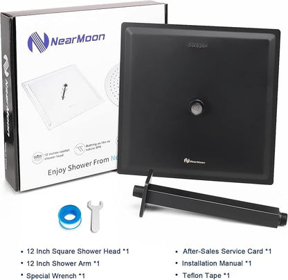 NearMoon Rain Shower Head With Shower Arm, Ceiling Mount Square Shower, Stainless Steel Ceiling Rainfall Showerhead- Waterfall Full Body Coverage (12 Inch, Matte Black)