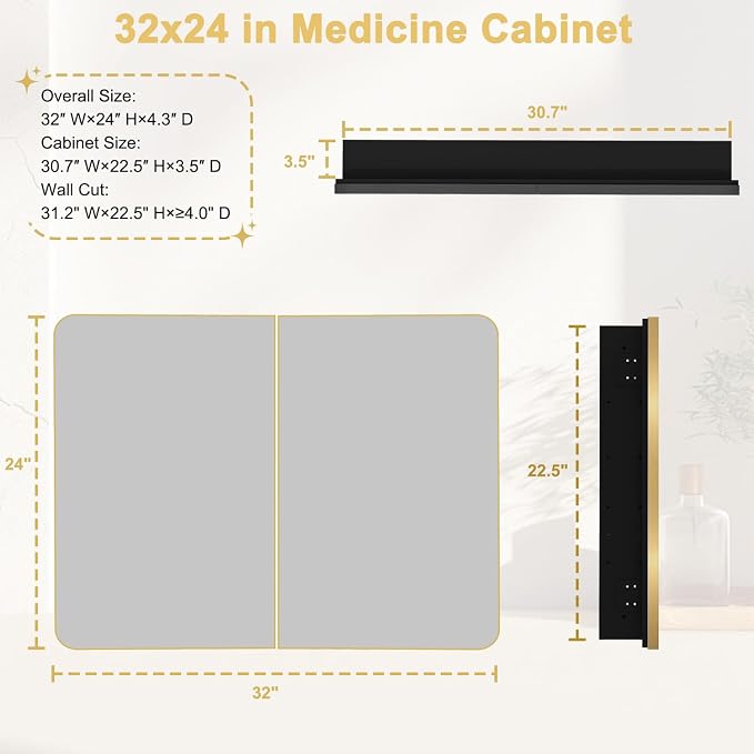 32x24 in Brushed Gold Double Door Medicine Cabinet with Mirror | Fully Assembled; Recessed or Surface Wall Mount; Metal Cabinet with Tempered Glass Mirror and Two Adjustable Glass Shelves