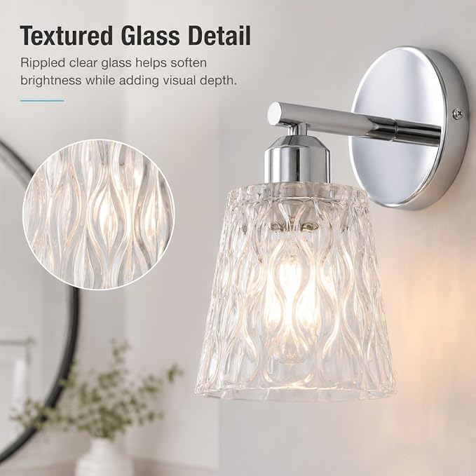 Chrome 1 Light Bathroom Vanity Lights, 2 Pack, with Textured Glass Shades, E26 Sockets, Bathroom Light Fixtures Over Mirror, Modern Lighting Fixtures Wall Lamp Vanity Lights