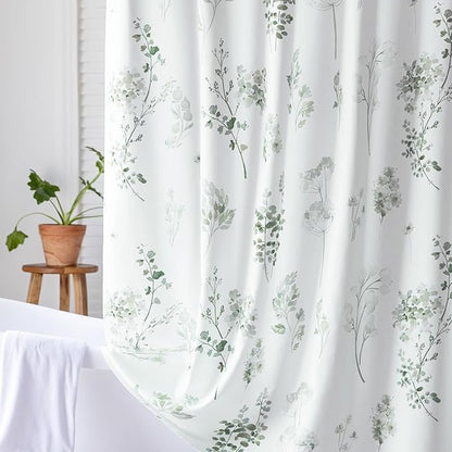 Sage Green Boho Watercolor Floral Shower Curtain,Eucalyptus Botanical Fabric Shower Curtains for Bathroom,Light Green White Nature Plant Cottage Core Bath Curtain for Farmhouse Decor with Hooks 72x72