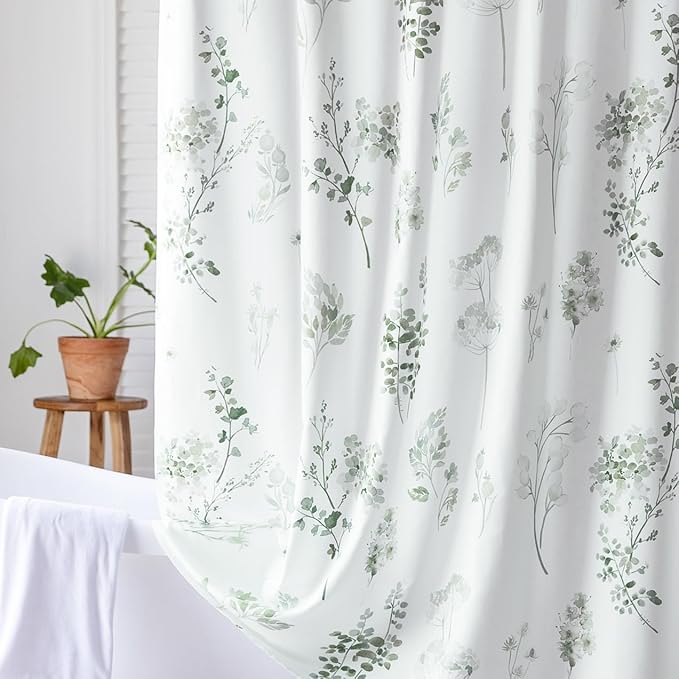 78 Inch Shower Curtain, Boho Floral Waterproof Fabric Shower Curtains for Bathroom with Hooks, Sage Green and White, 72x78 in Long