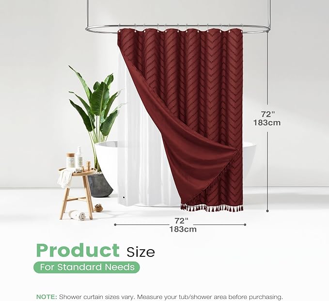 Dynamene Burgundy Boho Shower Curtain and Liner Set, Farmhouse Fabric Shower Curtain and Waterproof Clear Liner, Tufted Chevron Striped Textured Tassel Shower Curtains for Bathroom, 12 Hooks, 72x72
