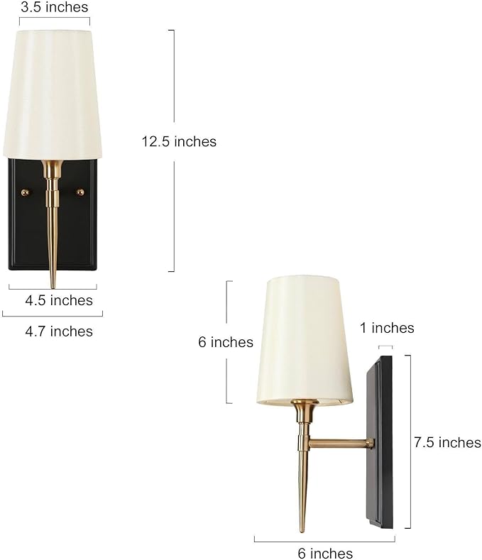Black Gold Sconce, Modern Sconces Wall Lighting with Fabric Shade for Bathroom, Bedroom, Kitchen and Living Room