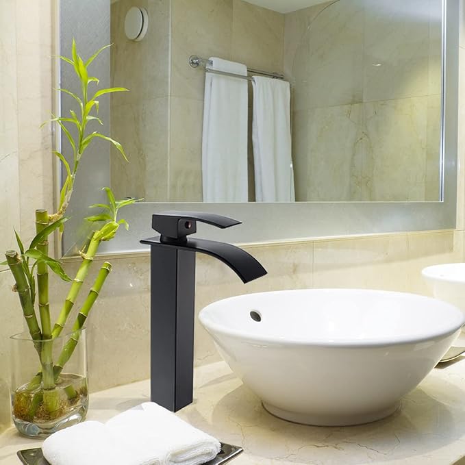 Bathroom vanity with black faucet, white sink, and bamboo plant.