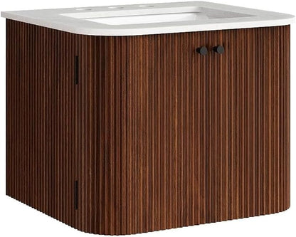 Modway Zia 24 inch Wall-Mount Bathroom Vanity in Walnut with Marble Sink Basin - Floating Bathroom Cabinet with Fluted Design
