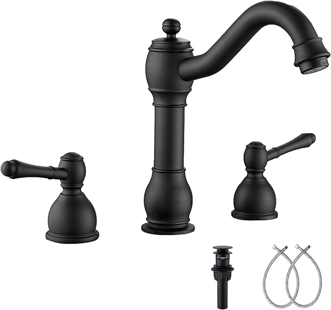 GGStudy 2 Handles 3 Holes Faucet Widespread Bathroom Sink Faucet Basin Tap Mixer Supply Hose Included Matching Pop Up Drain Matte Black