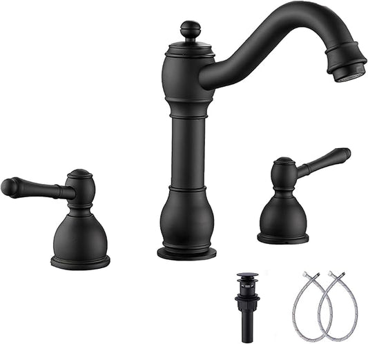 GGStudy 2 Handles 3 Holes Faucet Widespread Bathroom Sink Faucet Basin Tap Mixer Supply Hose Included Matching Pop Up Drain Matte Black