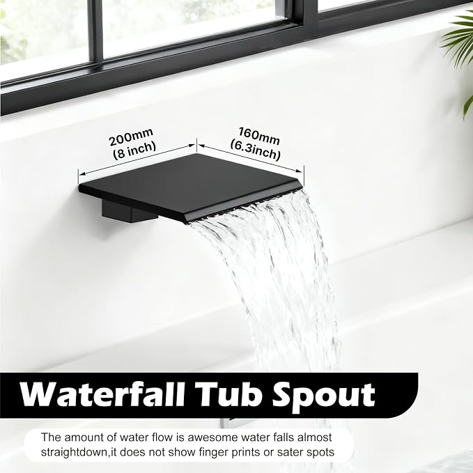 Midanya Shower System with Tub Spout,10 Inch Shower Head,Matte Black | with Valve & Trim Kit,Square Rain Head,Handheld Sprayer,Waterfall Spout,All Metal Wall Mount Bathroom Shower Tub Faucet Set