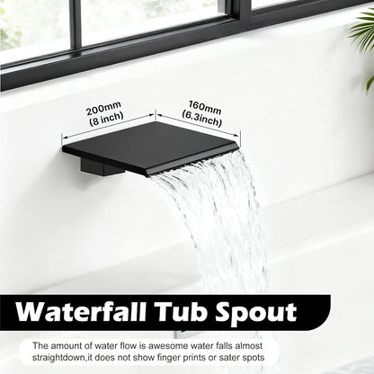 Midanya Shower System with Tub Spout,10 Inch Shower Head,Matte Black | with Valve & Trim Kit,Square Rain Head,Handheld Sprayer,Waterfall Spout,All Metal Wall Mount Bathroom Shower Tub Faucet Set