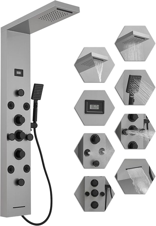 Shower Panel Rain Massage System with Adjustable Body Jets Mist Spray 6 in 1 Functions, Wall-Mount Shower Column Bathroom Shower Panel Tower System, Brushed Nickel and Black