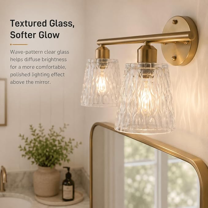 Brushed Gold Bathroom Vanity Light Over Mirror, 2-Light Stainless Steel Wall Mount Fixture with Textured Glass Shades, Modern Vanity Lighting, E26 Sockets (Bulbs Not Included)