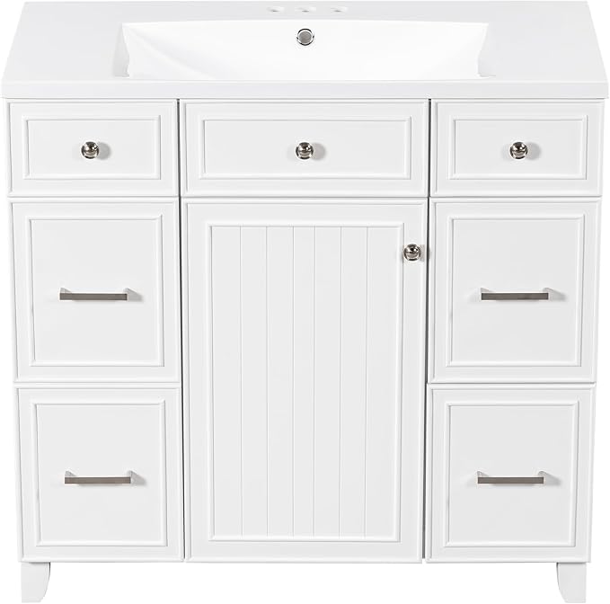 LUMISOL 36" Bathroom Vanity with Sink Top, Modern Bathroom Vanity with 3 Drawers & Cabinet, Solid Wood Bathroom Cabinet with Undermount Basin, White
