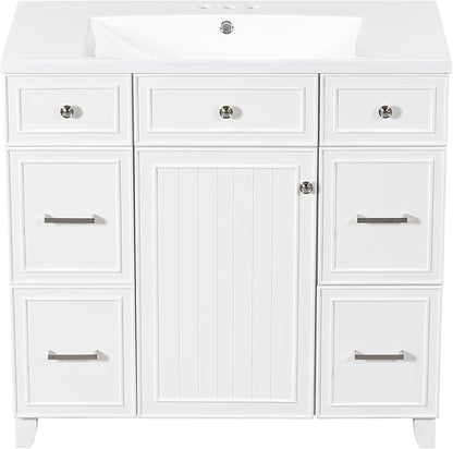 LUMISOL 36" Bathroom Vanity with Sink Top, Modern Bathroom Vanity with 3 Drawers & Cabinet, Solid Wood Bathroom Cabinet with Undermount Basin, White