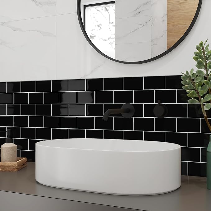 Black Peel and Stick Backsplash Subway Tile for Kitchen 10-Sheet | Thick,Self Adhesive,Wall,Sticky,Brick,for Bathroom,Laundry,Sink,12"×12"
