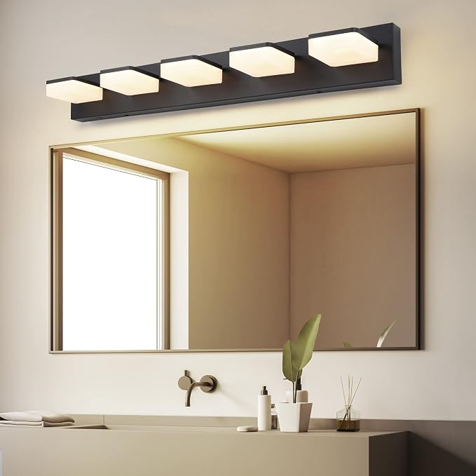 3 Colors Dimmable Black Vanity Light, LED Bathroom Light Fixtures over Mirror, Acrylic Stainless Steel Vanity Lighting Fixtures, 5 Light Bathroom Vanity Light,Adjustable 3000K/4000K/6000K,360° Rotate