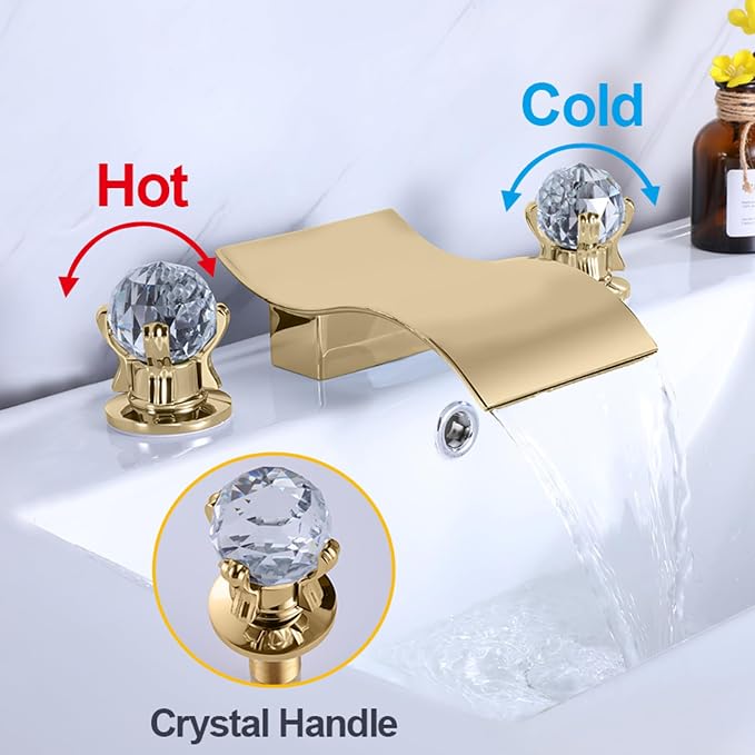 Widespread Bathroom Sink Faucet with Crystal Knob 3 Hole Waterfall Bathroom Faucet 8 Inch Crystal Vanity Faucets Deck Mount Basin Mixer Tap with Hose, Brushed Gold