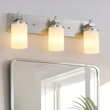 LOUSACE Bathroom Lighting Fixtures Over Mirror Brushed Nickel 3 Light Bathroom Vanity Lights with Opal White Glass Shades, Modern Vanity Wall Sconces Fixture for Bedroom Living Room