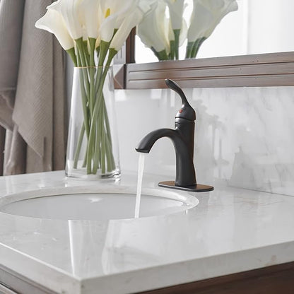 BWE Black Bathroom Faucet Single Hole with Pop Up Drain Assembly with Overflow and Supply Line Single Handle Matte Bathroom Sink Faucet Lavatory Basin Mix Tap