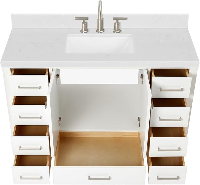 DKB Beckford 48-Inch Bathroom Vanity with Sink — White Single Sink Bathroom Vanity, 1.5" Edge Carrara White Quartz Countertop, Solid Wood, 2 Soft-Close Doors, 9 Dovetail Drawers