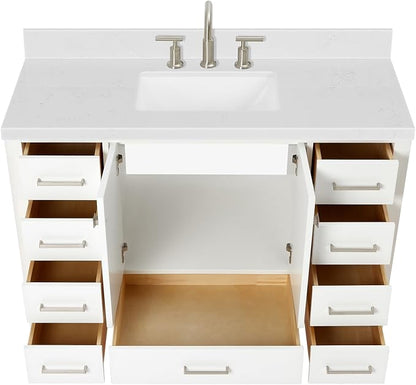 DKB Beckford 48-Inch Bathroom Vanity with Sink — White Single Sink Bathroom Vanity, 1.5" Edge Carrara White Quartz Countertop, Solid Wood, 2 Soft-Close Doors, 9 Dovetail Drawers