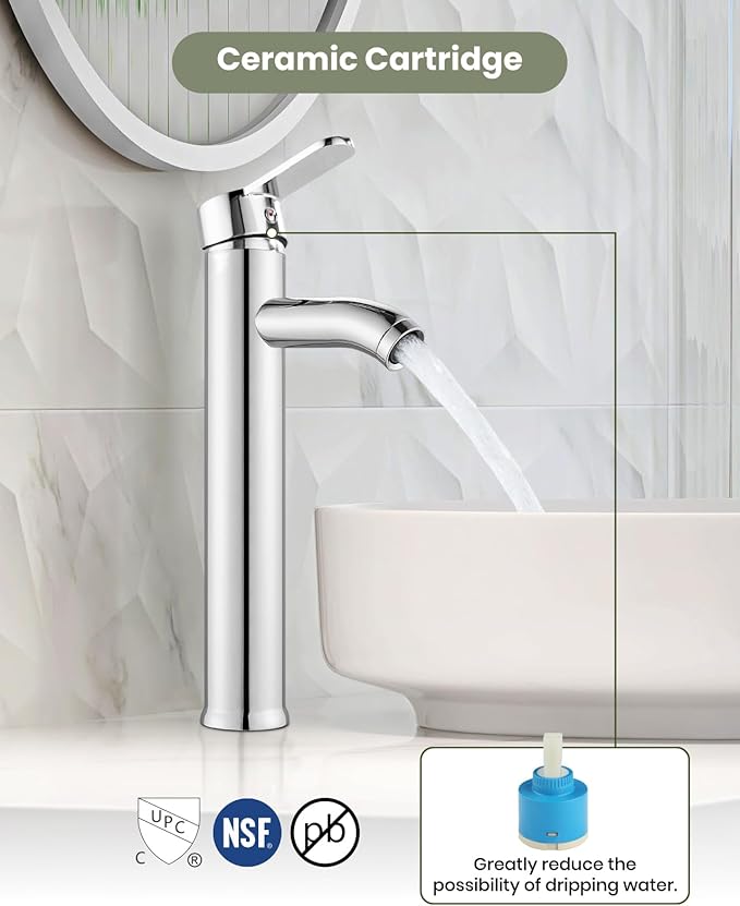 gotonovo Vessel Sink Faucet Modern Tall Bathroom Faucet Single Handle One Hole Stainless Steel Vanity Lavatory Rv Bowl Basin Mixer Tap with Supply Lines and Metal Pop Up Drain, Polish Chrome