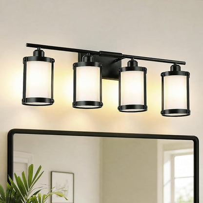 4-Light Black Bathroom Light Fixtures with Milk White Frosted Glass, 29" UL-Listed Modern Wall Sconce Over Mirror with Metal Cage for Bath, Hardwire E26, OS-3014BKW-4W