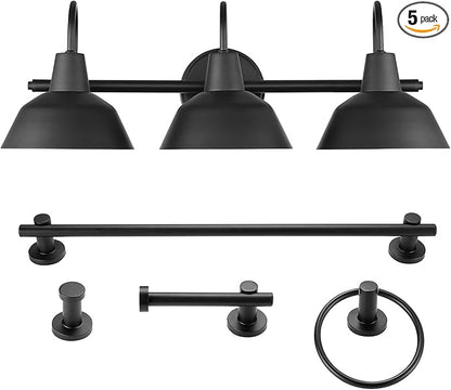Globe Electric 51710 5-Piece Bathroom Accessory Set with 24-inch 3-Light Vanity Fixture, Matte Black Finish, Industrial Design, E26 Base, Towel Bar, Towel Ring, Robe Hook, Toilet Paper Holder