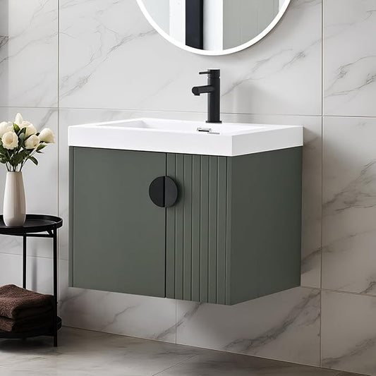 Blossom 24 Inch Bathroom Vanity with Sink, All Wood Wall Mounted Floating Bathroom Vanity with Acrylic Sink, Small Bathroom Vanity Organizer for Space-Saving Storage Solution, Sage Green