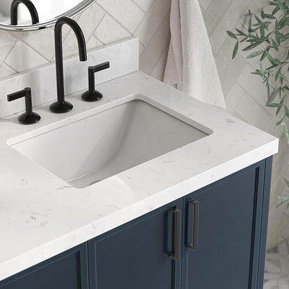 ARIEL Kelly 66-inch Bathroom Vanity with Sink,Solid Wood, 1.5-inch Carrara White Quartz Countertop, Double Rectangular Porcelain Sink, 4 Soft Closing Doors, 5 Dovetail Drawers, Midnight Blue
