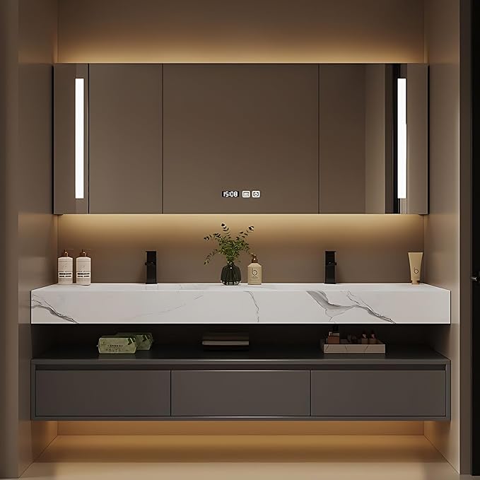 Bathroom Vanity with Sink - Single/Double Sink Bathroom Vanity Cabinet & LED Smart Defogger Mirror Cabinet Set, Modern Floating Vanity, Wall-Mounted Installation (68",Double Sink)