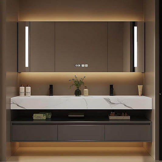Bathroom Vanity with Sink - Single/Double Sink Bathroom Vanity Cabinet & LED Smart Defogger Mirror Cabinet Set, Modern Floating Vanity, Wall-Mounted Installation (88",Double Sink)