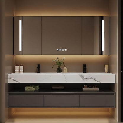 Bathroom Vanity with Sink - Single/Double Sink Bathroom Vanity Cabinet & LED Smart Defogger Mirror Cabinet Set, Modern Floating Vanity, Wall-Mounted Installation (76",Double Sink)