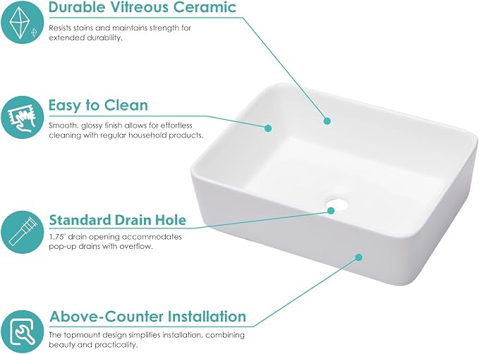 Bathroom Vessel Sink Rectangle - 19x15 Inch White Modern Bathroom Sinks Rectangular Above Counter Porcelain Ceramic Vessel Vanity Sink Art Basin