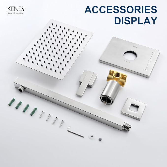 KENES Brushed Nickel Shower Head and Handle Set, Square Shower Faucet Set | Shower Faucet with 10-Inch Rain Shower Head, Square Shower System, Valve Included, Lead-Free cUPC & NSF Certified, Stainless