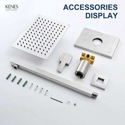 KENES Brushed Nickel Shower Head and Handle Set, Square Shower Faucet Set | Shower Faucet with 10-Inch Rain Shower Head, Square Shower System, Valve Included, Lead-Free cUPC & NSF Certified, Stainless
