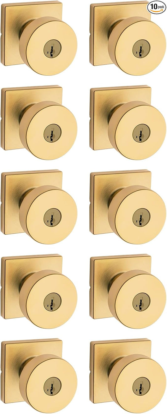 Kwikset Pismo Entry Door Knob with Lock and Key, Secure Keyed Handle Exterior, Front Entrance and Bedroom, Satin Brass, 10 Pack, Pick Resistant SmartKey Rekey Security