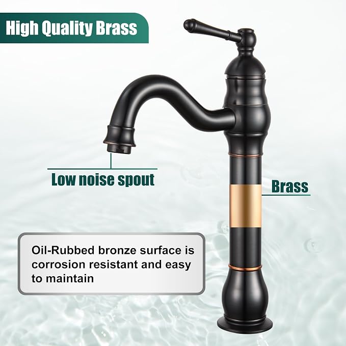 Heyalan Tall Vessel Sink Faucet, Single Handle 1-Hole,Oil Rubbed Bronze | SUS304 stainless steel, 360° swivel spout, includes pop-up drain & hoses, deck mount 1-hole, tall design for vessel sink