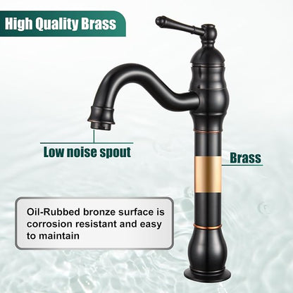 Heyalan Tall Vessel Sink Faucet, Single Handle 1-Hole,Oil Rubbed Bronze | SUS304 stainless steel, 360° swivel spout, includes pop-up drain & hoses, deck mount 1-hole, tall design for vessel sink