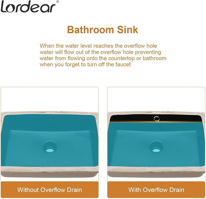 Lordear 18x12 Inch Black Undermount Bathroom Sinks Vanity Rectangle Porcelain Ceramic Sinks Under Counter Lavatory Sink Basin with Overflow