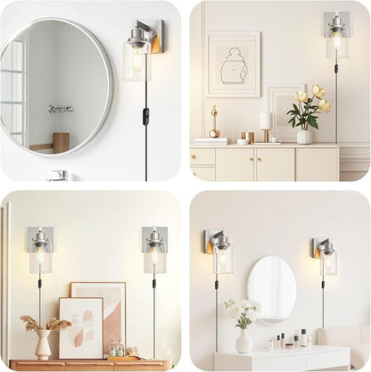 Plug in Wall Sconces Set of 2, Modern Corded Wall Sconce, Bedroom Wall Sconces with Clear Glass, Wall Decor Set of 2 Brushed Nickel Wall Lamps for Bedroom Living Room
