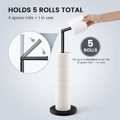 Cesun Free Standing Toilet Paper Holder Stand with Weighted Base, Black | SUS304 Rustproof Steel | Thick Non-Slip Base | Swivel Pivot Design | Slim Footprint | Holds 5 Rolls