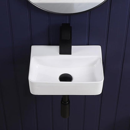 Small Wall Mount Bathroom Vessel Sink 14"x10" Rectangular Floating White Porcelain Ceramic Wall Hung Vanity Basin Sink for Tiny Home,RV,Bathroom