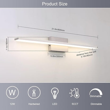 LED Brushed Nickel Vanity Light for Bathroom Lighting Fixtures Over Mirror Modern Bath Vanity Lights Bar 24W 5CCT Diammable Bathroom Lights 31.5 inch
