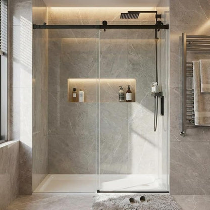 Frameless Sliding Shower Door, 56-60 Inches Wide x 76 Inches High, 1/4 Inch (6mm) Clear Tempered Glass with Matte Black Square Rail Design, Space-Saving Installation for Modern Bathrooms