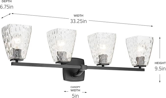 Kichler Marant 33.25" 4-Light Vanity Light with Clear Water Glass in Black, for Bathroom, Powder Room, Over a Mirror, (33.25" W x 9.5" H), 55217BKWTR