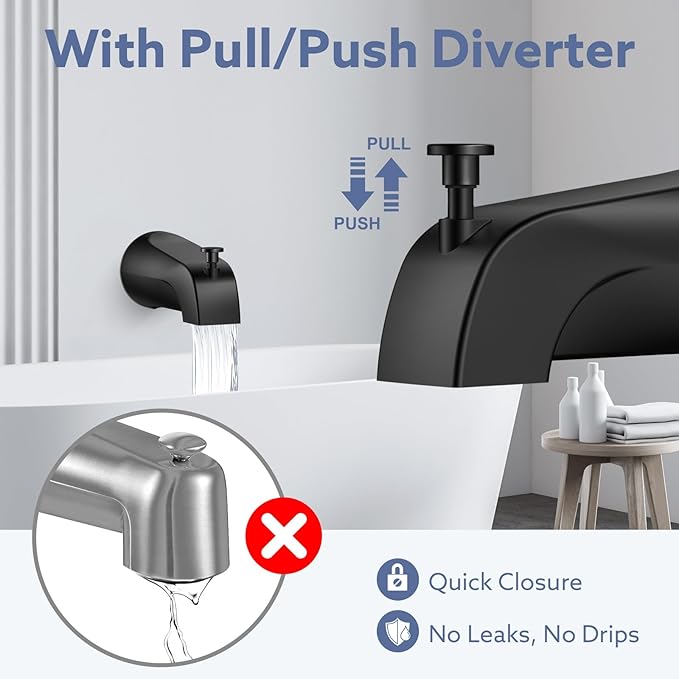 Universal Bathtub Tub Spout with Diverter, Fits 1/2" Slip-Fit Copper Pipe and 1/2" IPS & 3/4" IPS Thread Connections,Bathroom Tub Faucet Replacement with Adapters,PTFE Tape and Hex Wrench(Matte Black)
