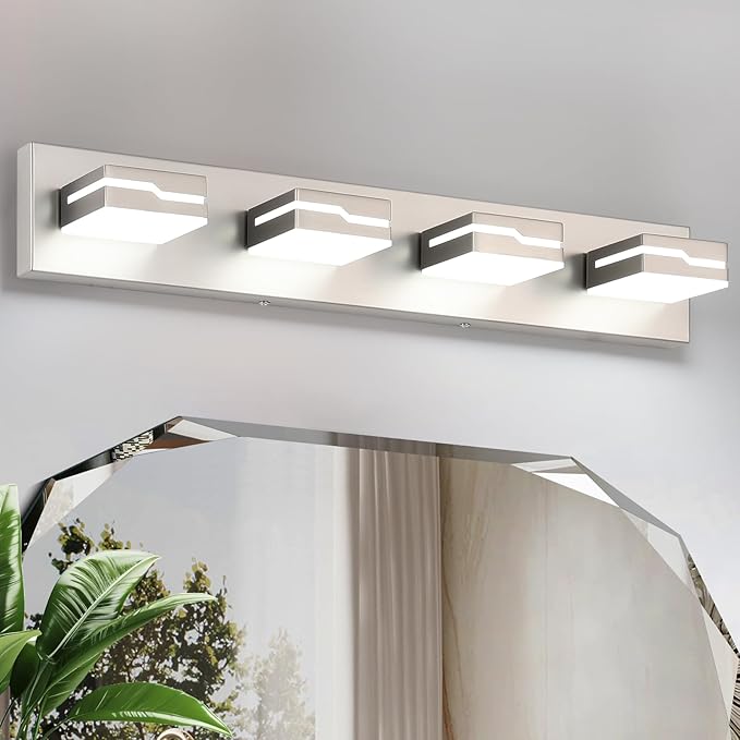 LED Modern Bathroom Vanity Light Fixtures 4-Light, 25.5 inch Dimmable Nickel Vanity Lights for Bathroom Lighting Fixtures Over Mirror, with 350°Rotatable Acrylic Heads(White Light 5500K)