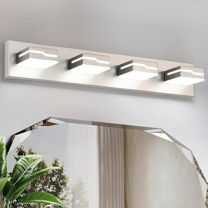 LED Modern Bathroom Vanity Light Fixtures 4-Light, 25.5 inch Dimmable Nickel Vanity Lights for Bathroom Lighting Fixtures Over Mirror, with 350°Rotatable Acrylic Heads(White Light 5500K)