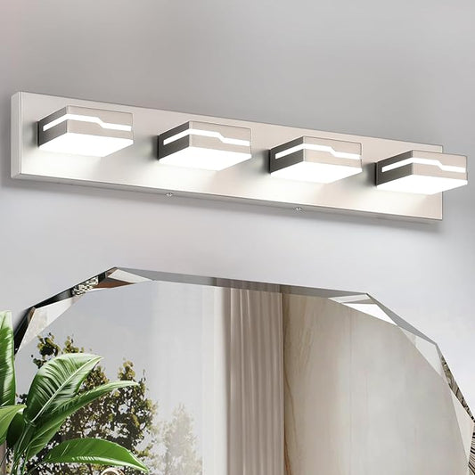 LED Modern Bathroom Vanity Light Fixtures 4-Light, 25.5 inch Dimmable Nickel Vanity Lights for Bathroom Lighting Fixtures Over Mirror, with 350°Rotatable Acrylic Heads(White Light 5500K)