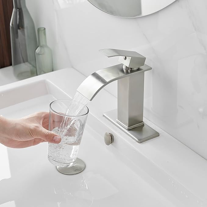 BWE Bathroom Faucet Modern Brushed Nickel Waterfall Single Hole Faucet for Bathroom Sink Single Handle with Pop Up Drain with Overflow Assembly and Supply Line Lavatory Bath Faucet